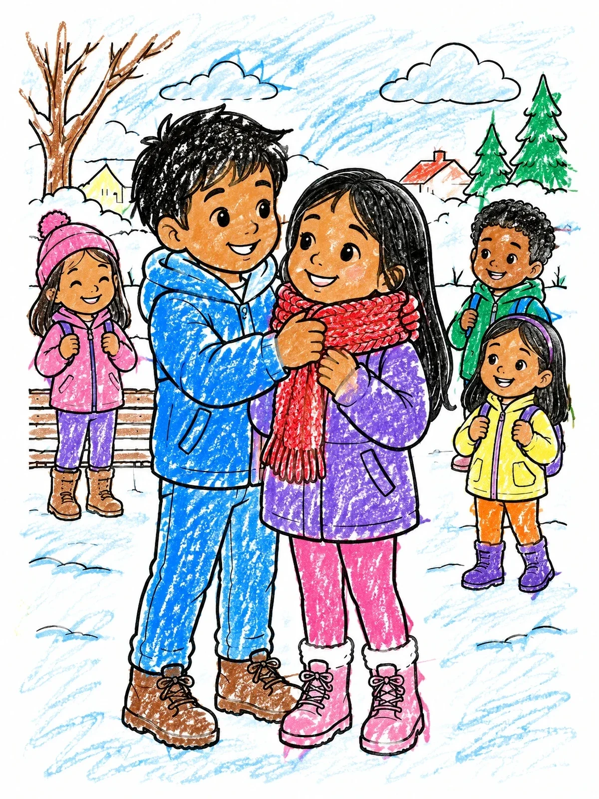 Colored example of the Sharing A Warm Winter Scarf coloring page