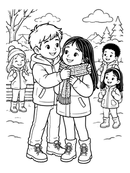 A sweet relationship coloring page of a boy wrapping a warm knitted scarf around a girl outdoors.