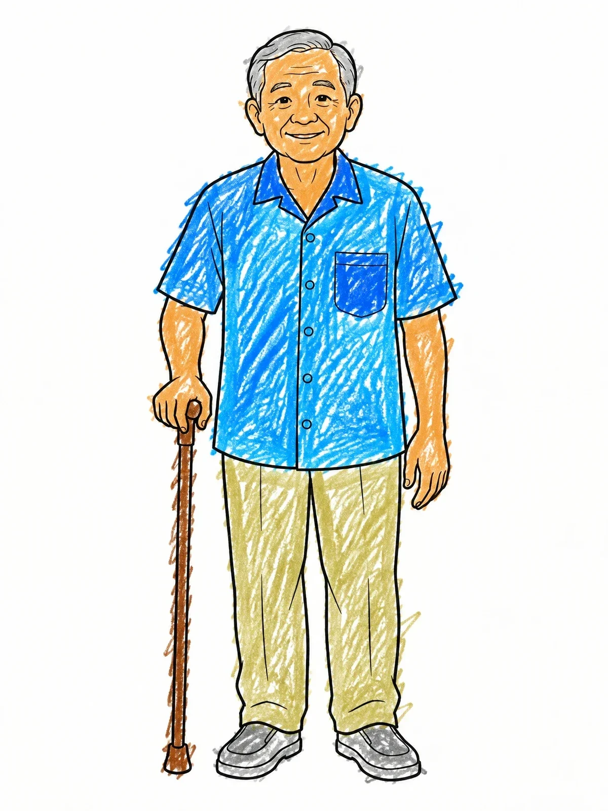 Colored example of the Smiling Grandfather With Walking Stick coloring page