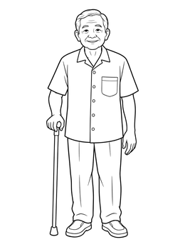 An elderly man standing with a cane in this relationship coloring page.