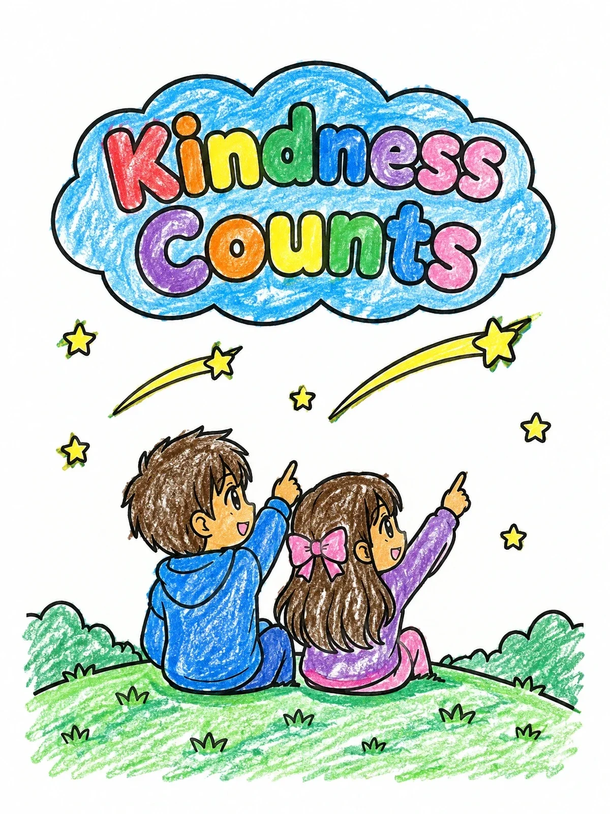 Colored example of the Kids Stargazing On A Hill coloring page