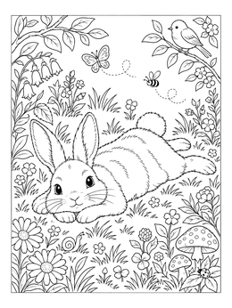 A peaceful bunny coloring page showing a rabbit resting among meadow flowers and garden critters.
