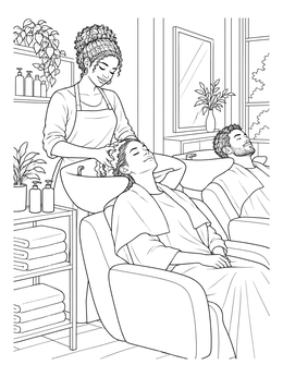 A woman relaxes at a wash basin in this hair salon coloring page with an attentive stylist.
