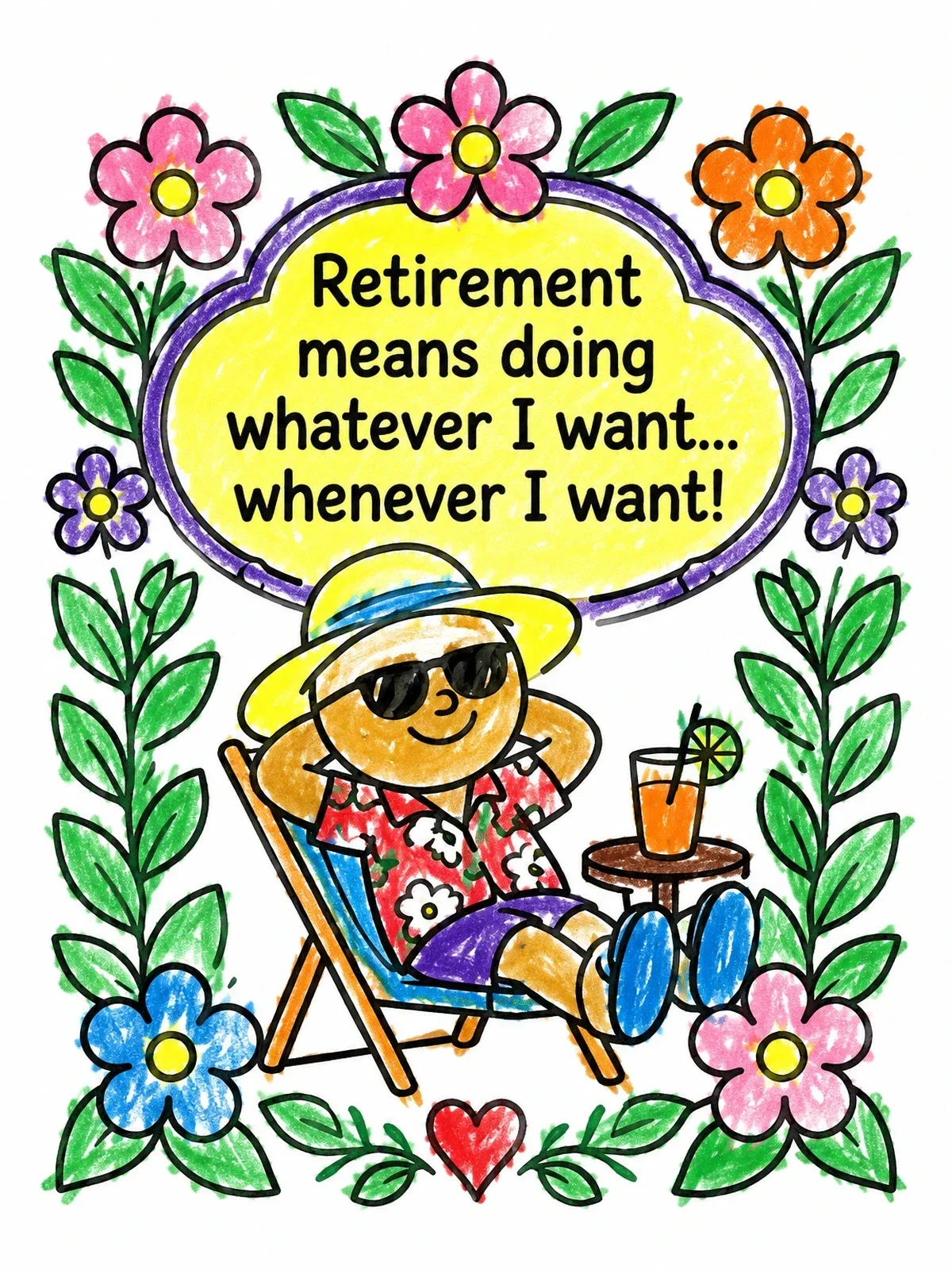 Colored example of the Relaxing In Retirement Quote coloring page