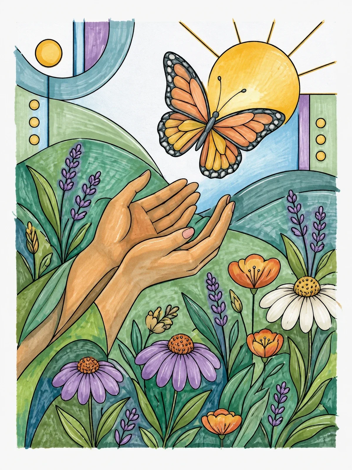 Colored example of the Releasing A Butterfly Into Nature coloring page