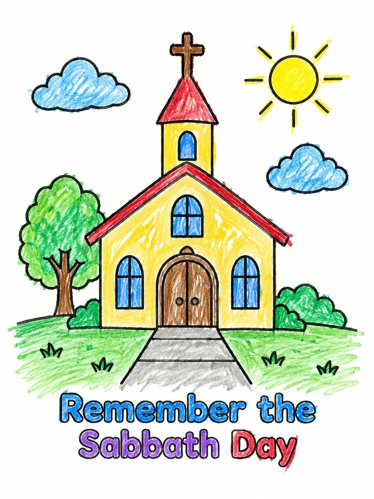 Colored example of the Remember The Sabbath Day Church coloring page