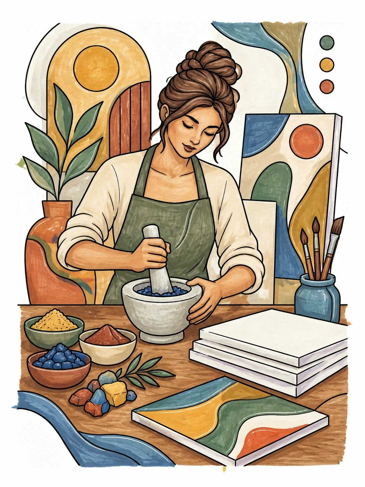 Colored example of the Artist Grinding Pigments In Studio coloring page