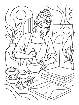 Free printable Artist Grinding Pigments In Studio coloring page