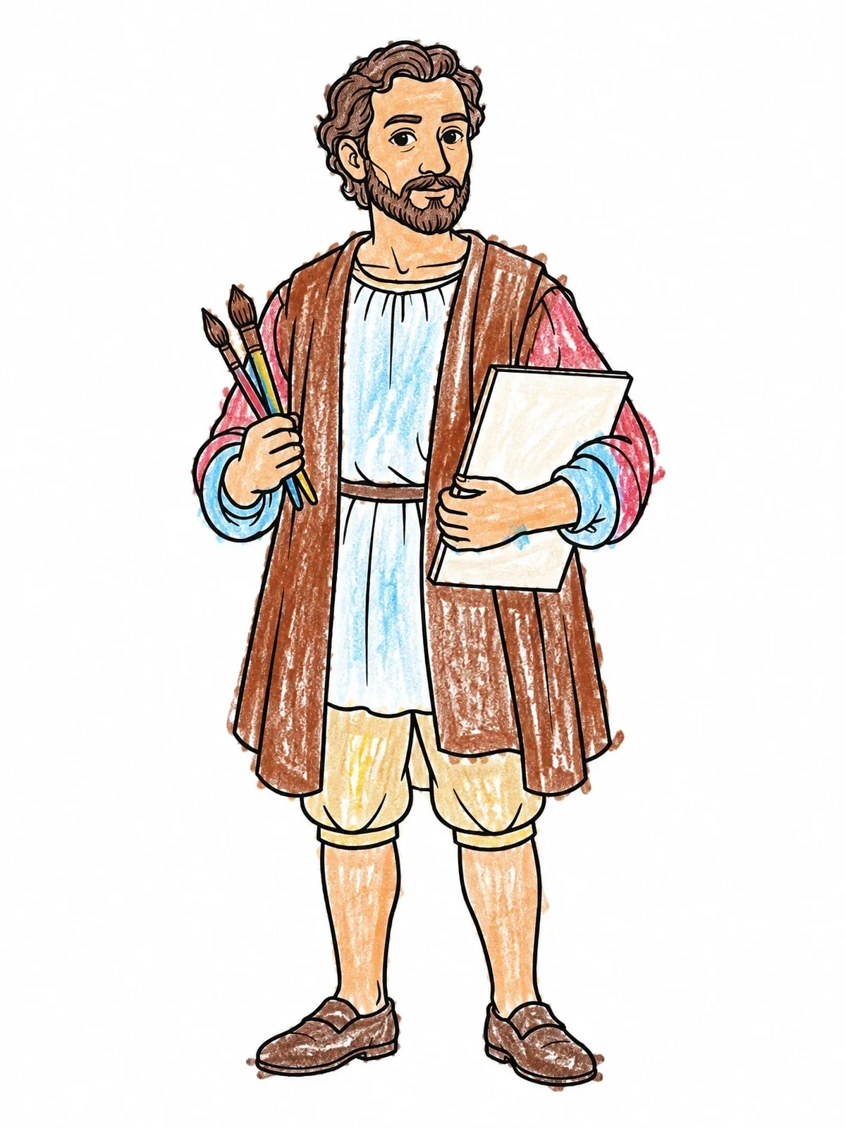 Colored example of the Renaissance Artist Michelangelo Holding Brushes coloring page