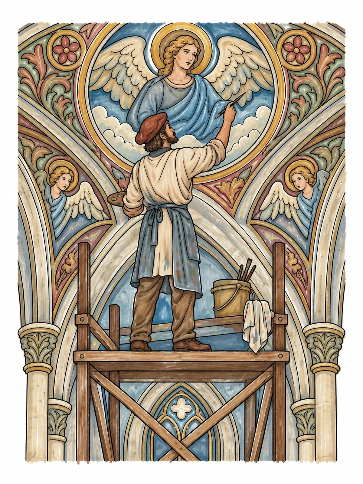 Colored example of the Renaissance Artist Painting Cathedral Fresco coloring page
