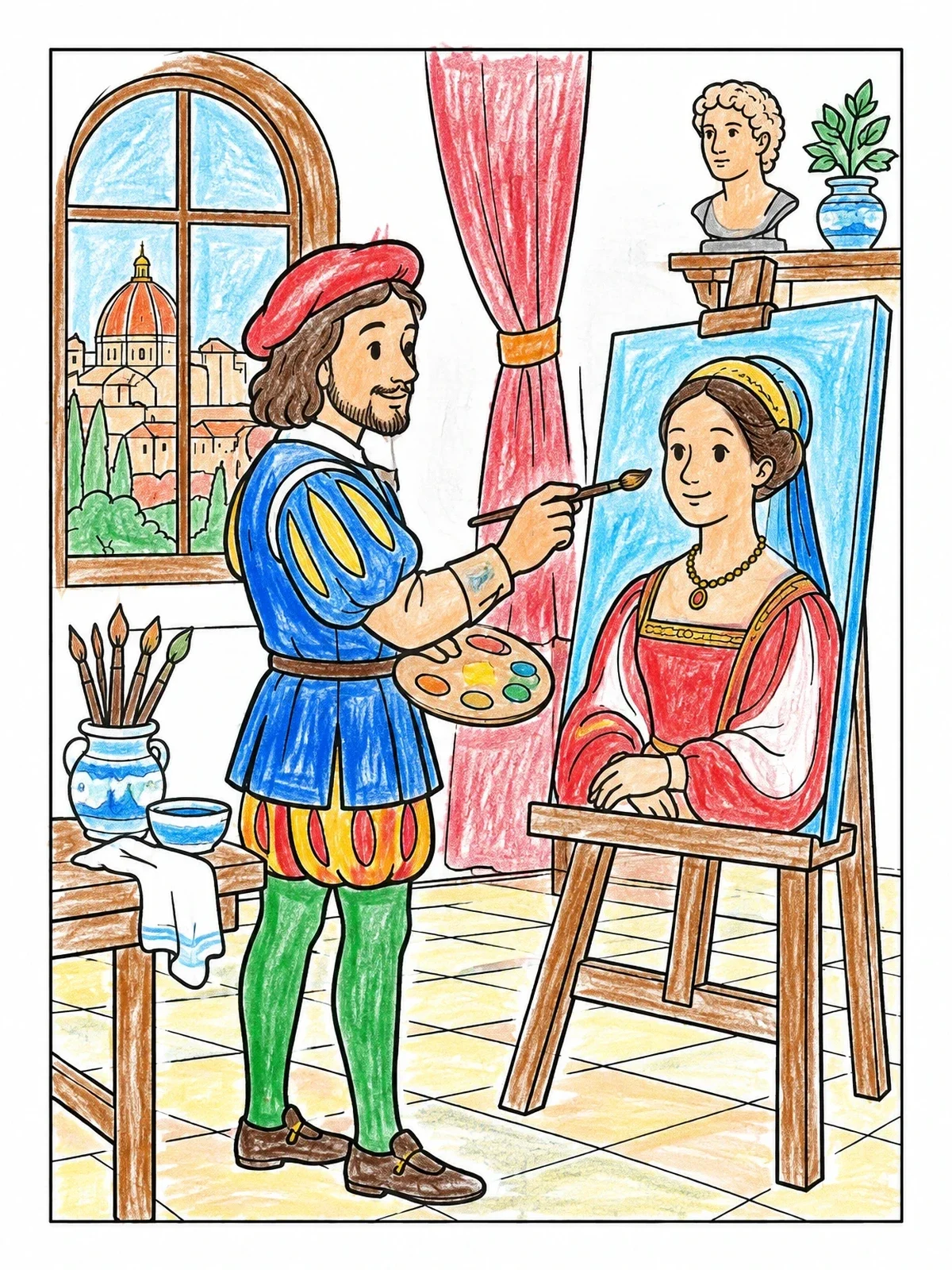 Colored example of the Renaissance Artist Painting A Portrait coloring page
