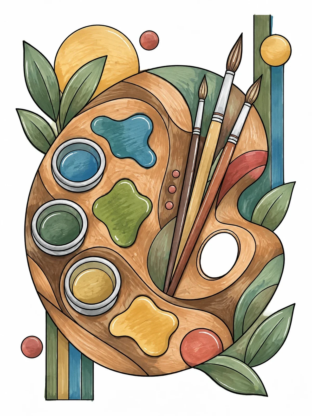 Colored example of the Classic Artist Palette And Brushes coloring page