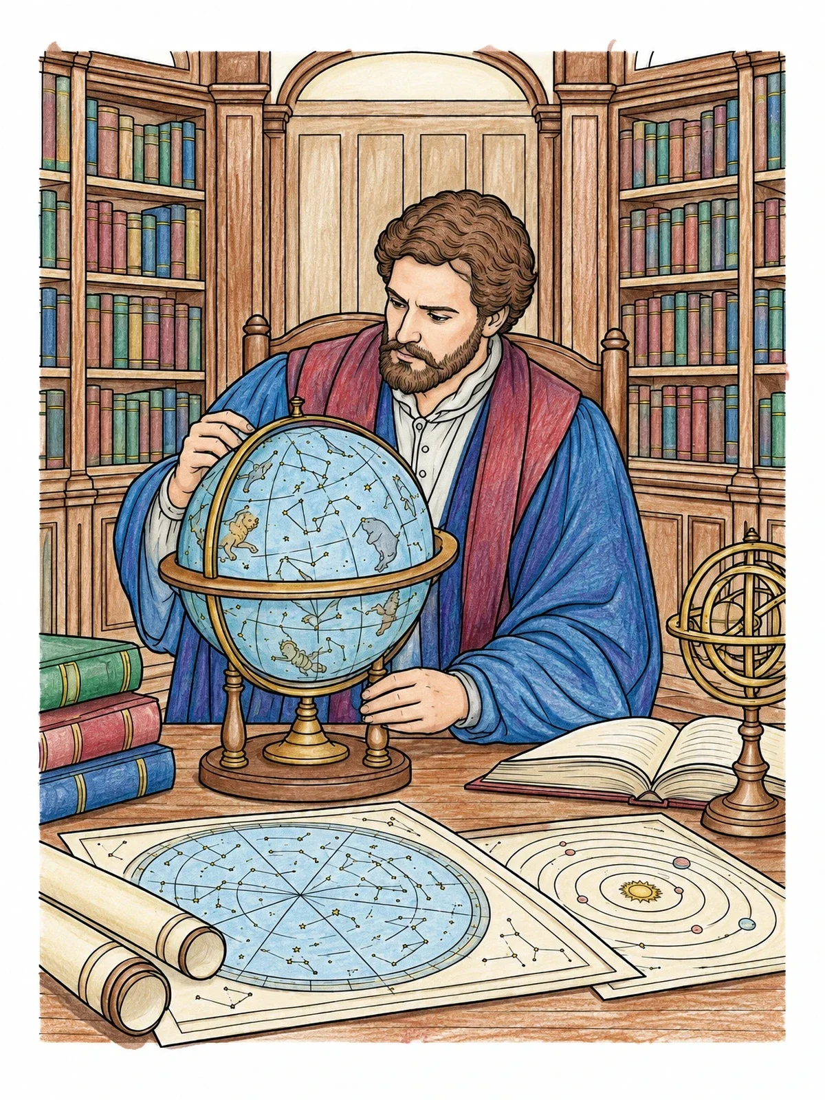 Colored example of the Renaissance Astronomer In His Study coloring page