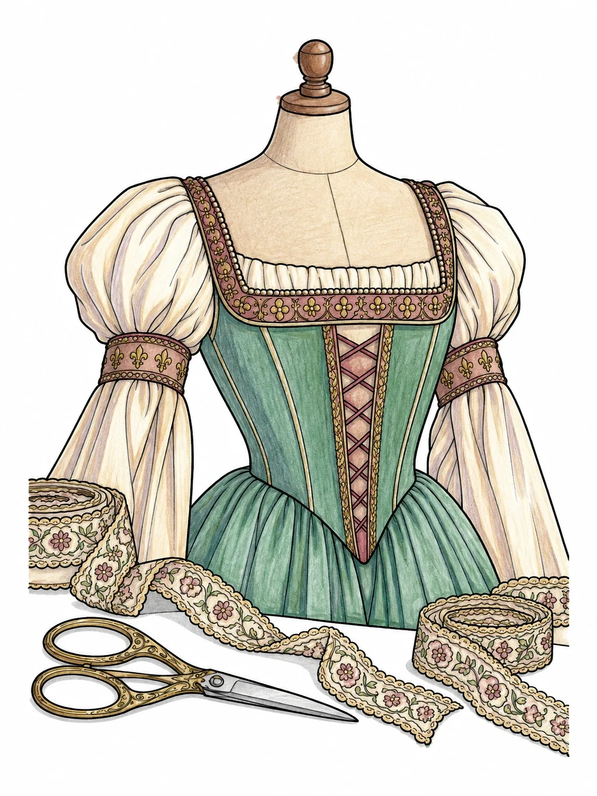 Colored example of the Renaissance Dressmaker Mannequin And Lace coloring page