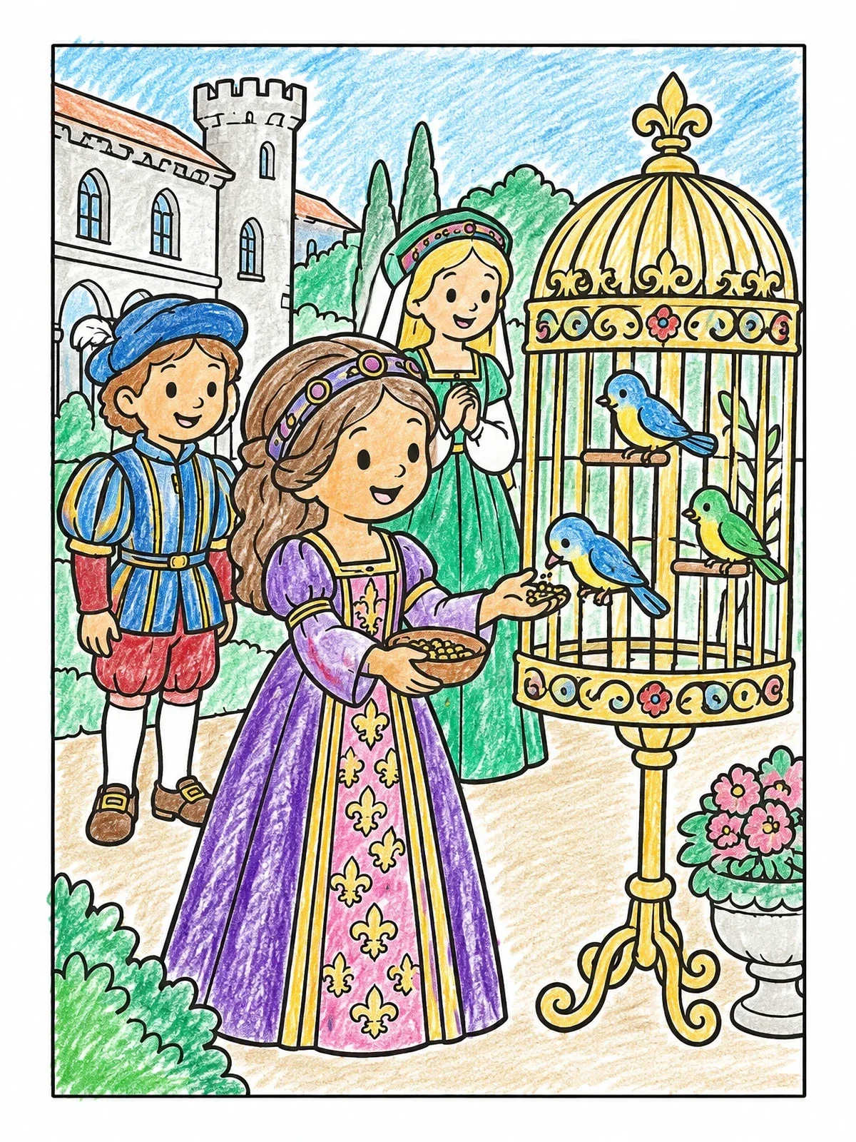 Colored example of the Renaissance Girl Feeding Aviary Birds coloring page