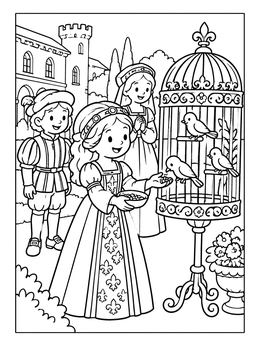 Free printable Renaissance Girl Feeding Aviary Birds coloring page