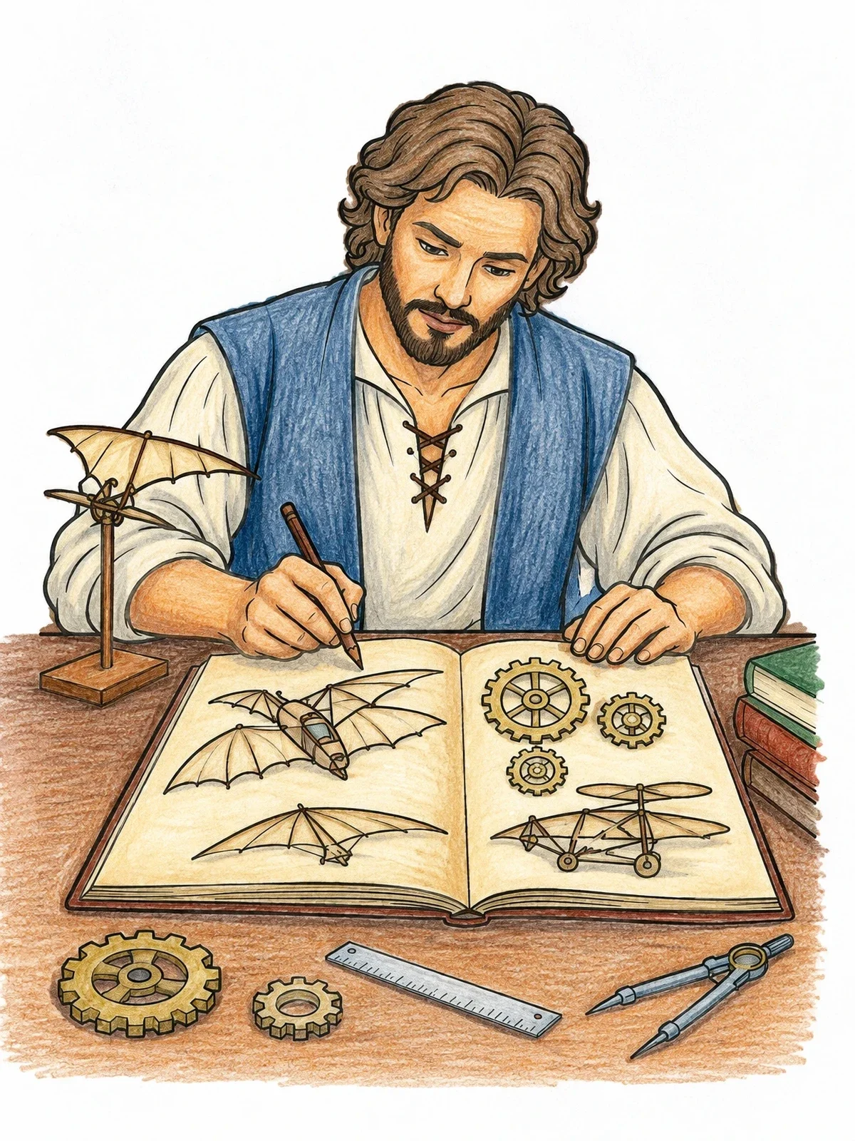 Colored example of the Renaissance Inventor Sketching Flying Machines coloring page