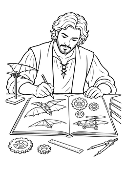 Free printable Renaissance Inventor Sketching Flying Machines coloring page