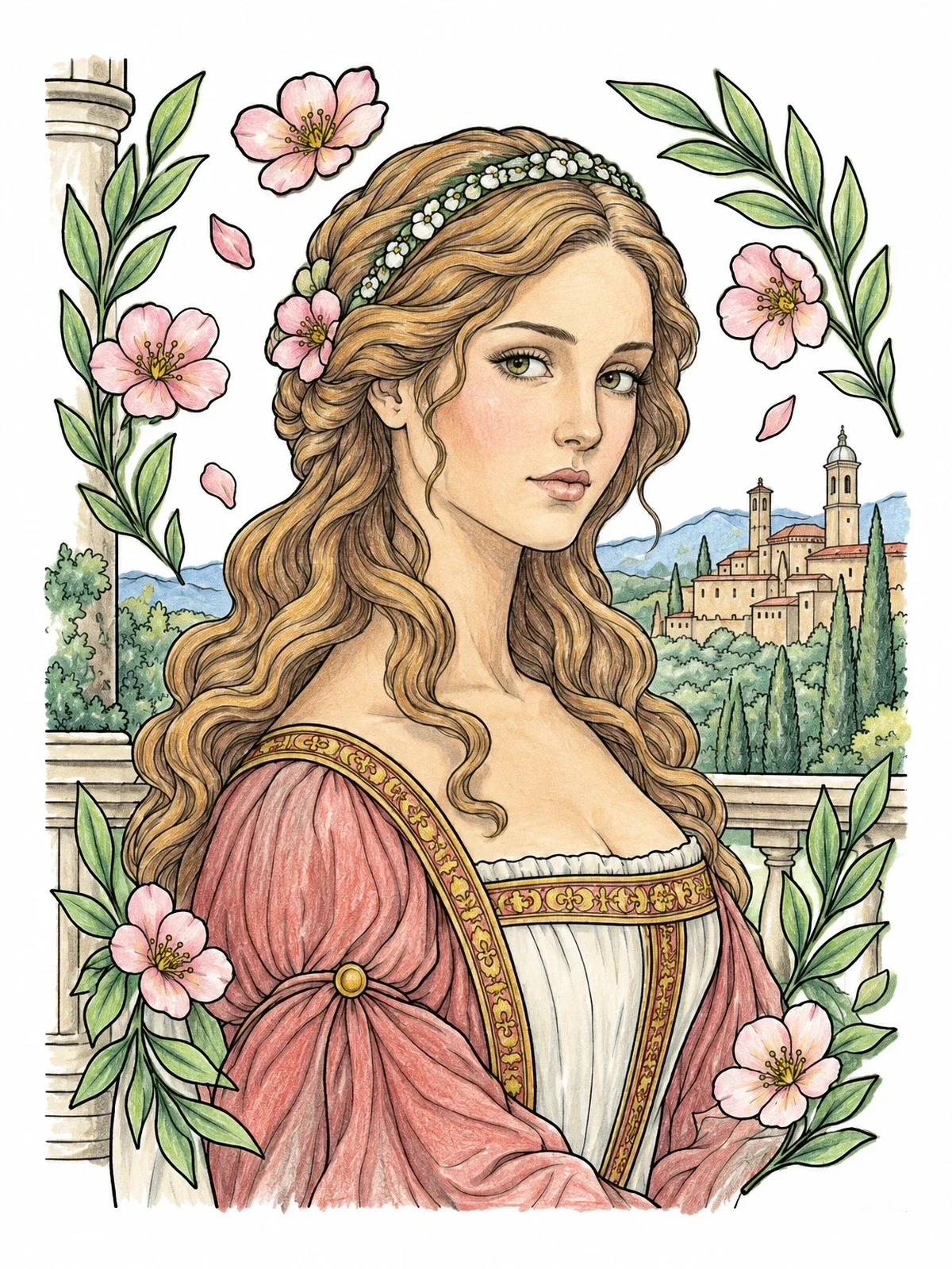 Colored example of the Renaissance Lady On Balcony coloring page