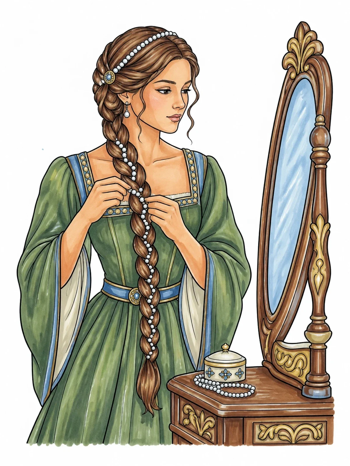 Colored example of the Renaissance Lady Braiding Hair With Pearls coloring page