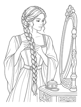 Free printable Renaissance Lady Braiding Hair With Pearls coloring page