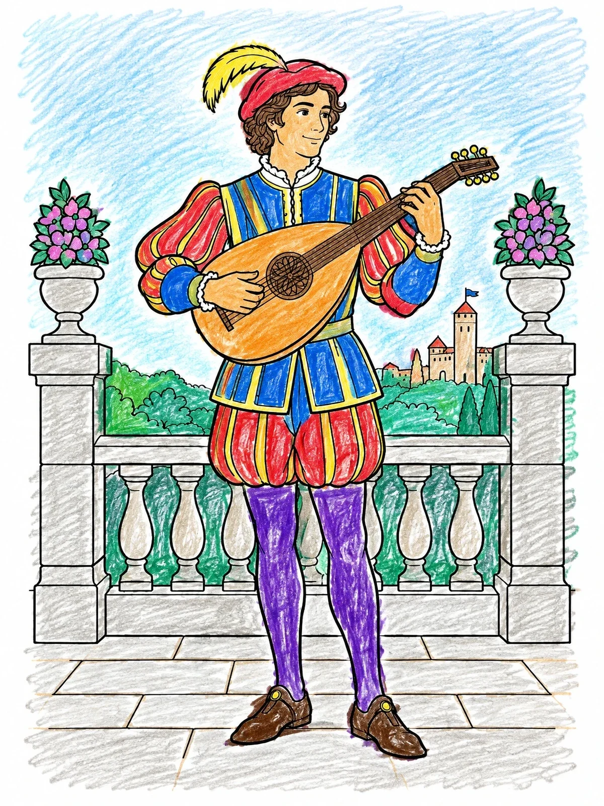 Colored example of the Renaissance Musician Playing The Lute coloring page