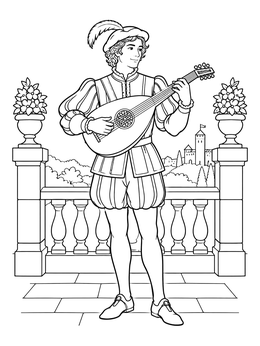 Free printable Renaissance Musician Playing The Lute coloring page