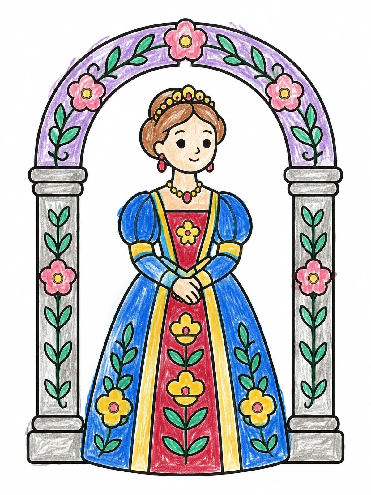 Colored example of the Renaissance Noblewoman In Floral Arch coloring page