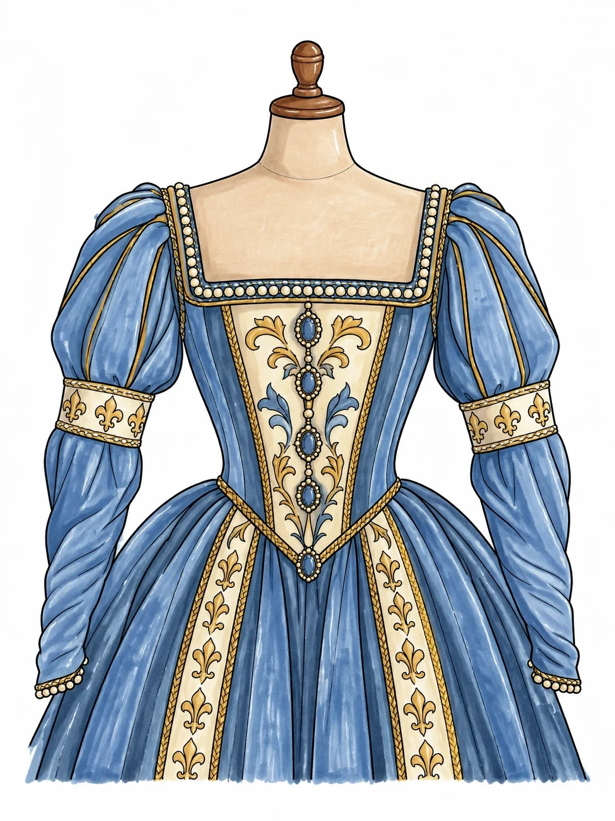 Colored example of the Ornate Renaissance Noblewoman Gown Mannequin coloring page