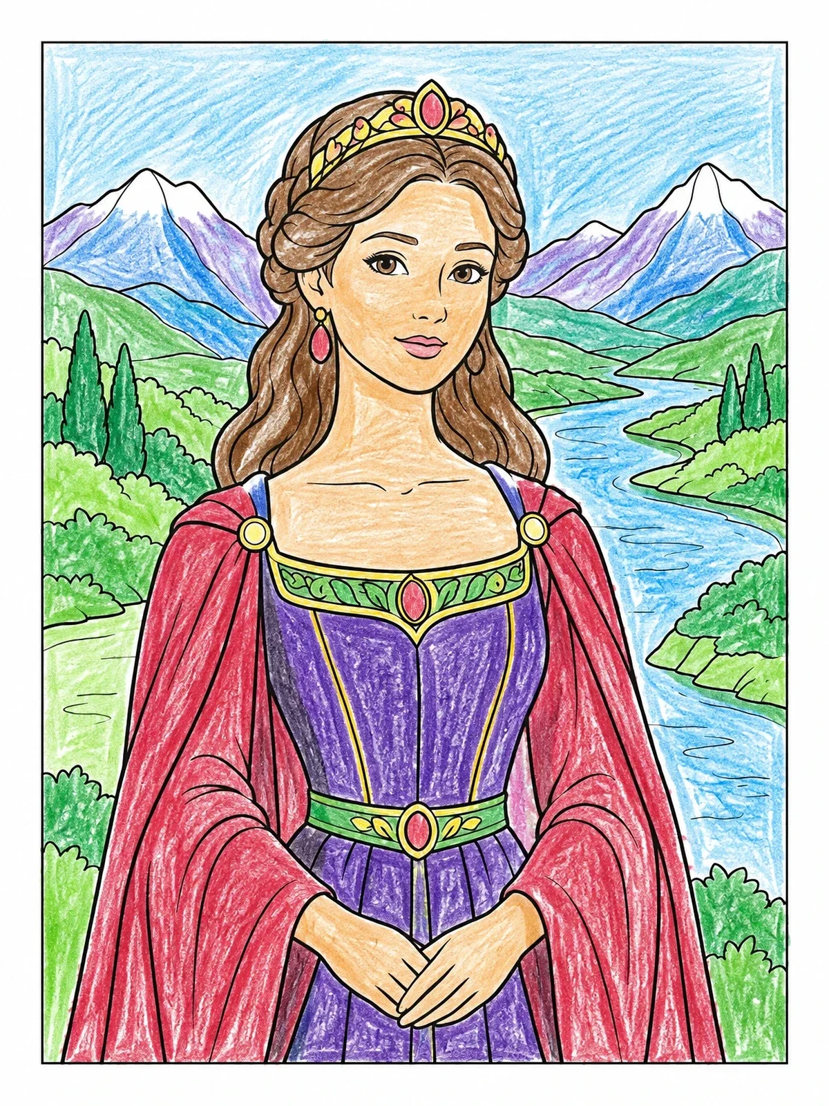 Colored example of the Renaissance Noblewoman By The River coloring page
