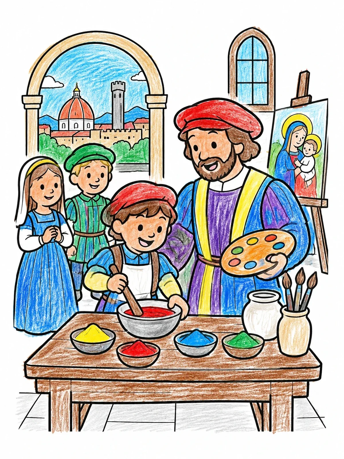 Colored example of the Renaissance Painter And Young Apprentice coloring page