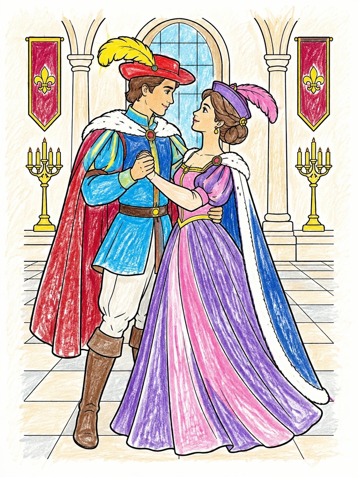 Colored example of the Renaissance Royal Couple Dancing In Ballroom coloring page