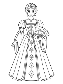 Renaissance princess in a grand gown holding a fan on this paper doll coloring page.