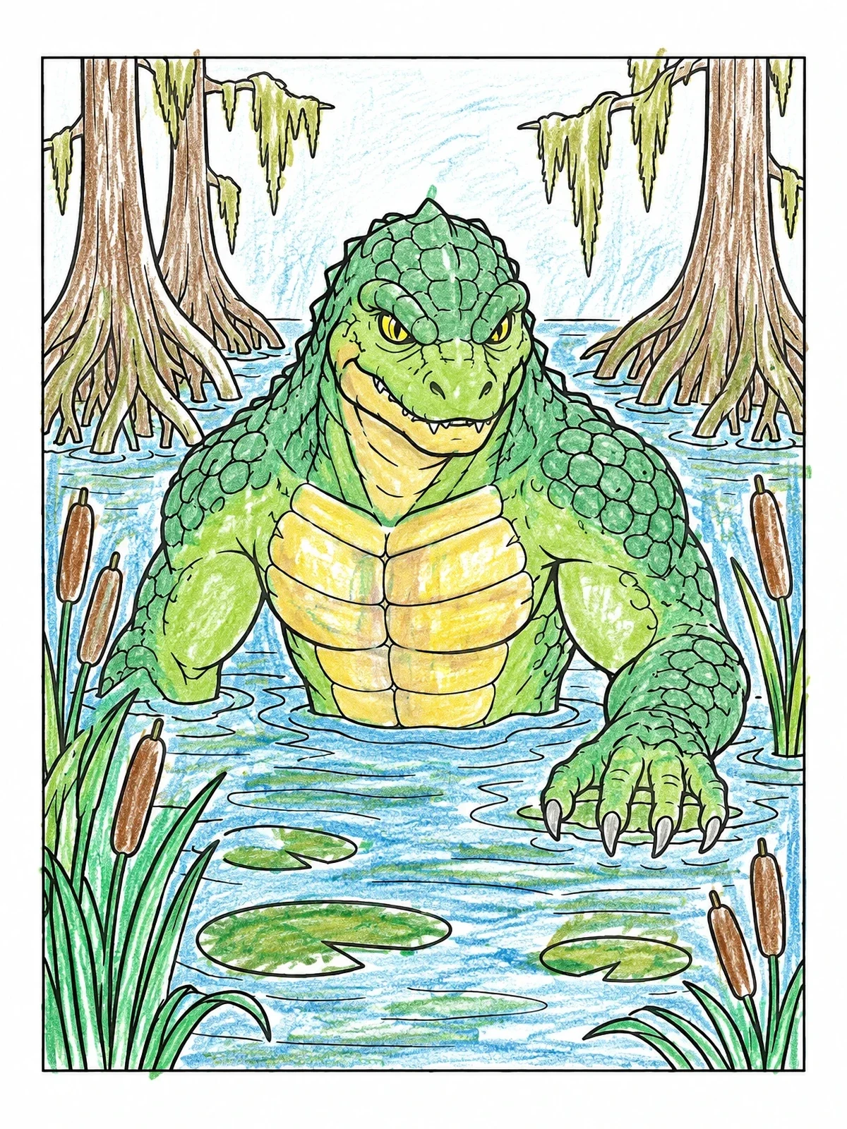 Colored example of the Reptilian Swamp Monster In Murky Waters coloring page