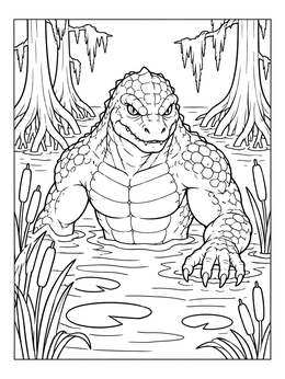 A reptilian swamp creature rises from the water on this swamp coloring page.
