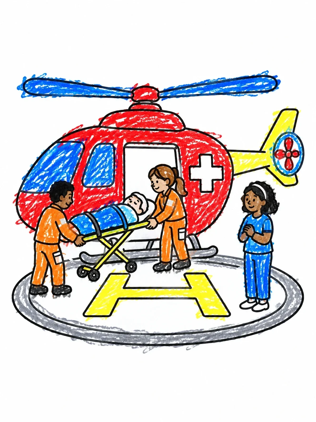 Colored example of the Rescue Helicopter And Ambulance Crew coloring page
