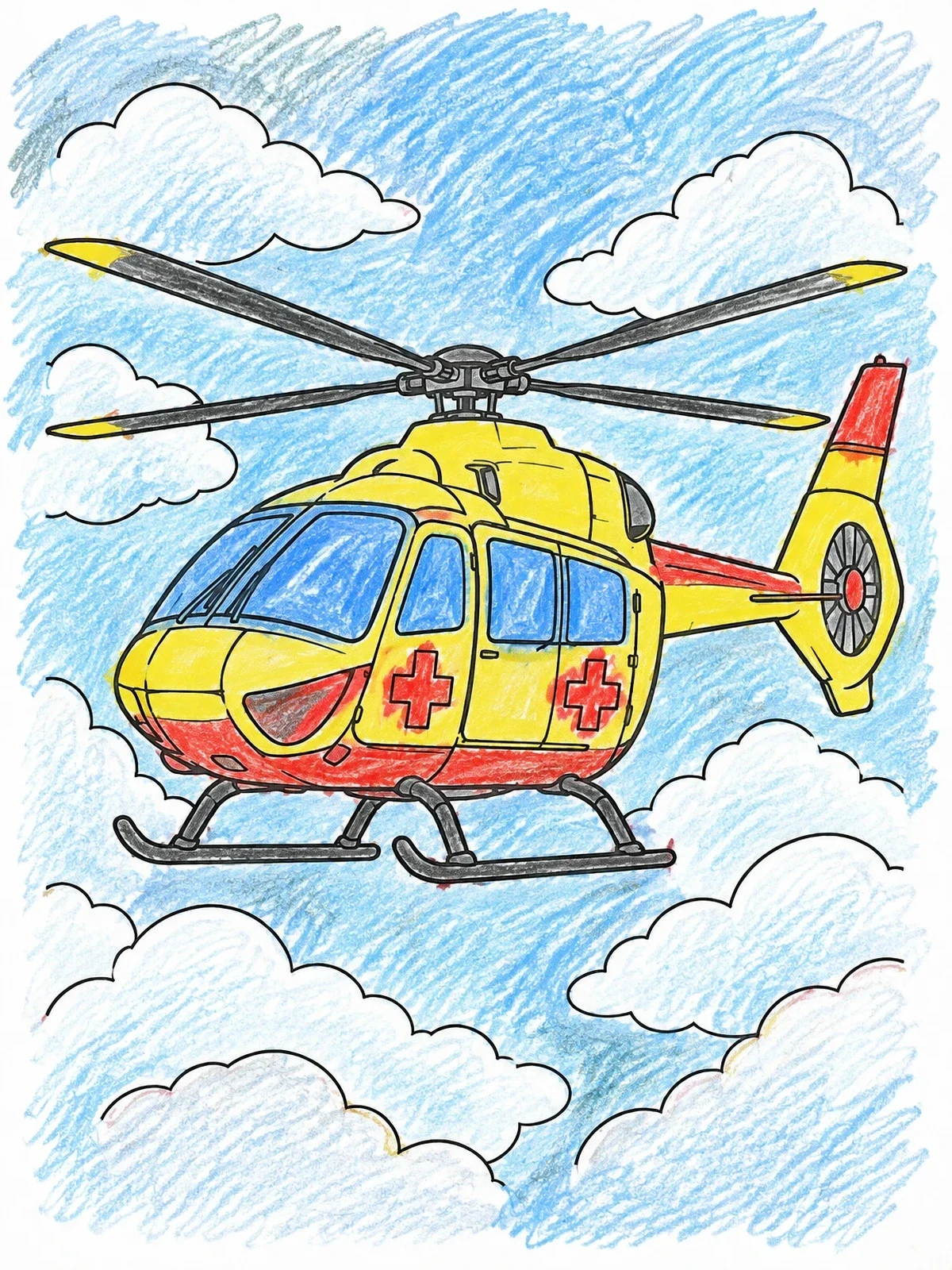 Colored example of the Rescue Helicopter In Cloudy Sky coloring page