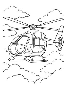 An ambulance helicopter coloring page soaring gracefully among fluffy clouds.