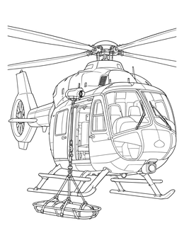 Detailed helicopter coloring page showing an air ambulance hovering with a rescue hoist and stretcher.