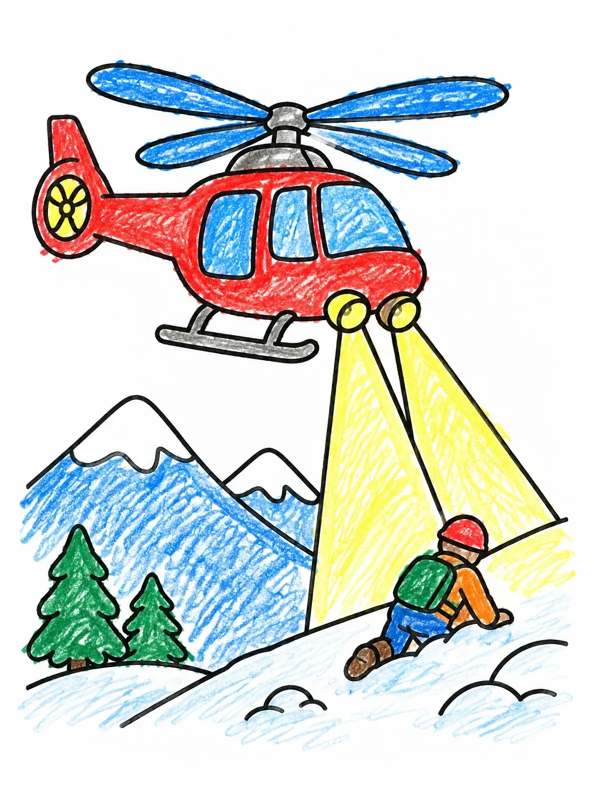 Colored example of the Rescue Helicopter On Mountain Mission coloring page
