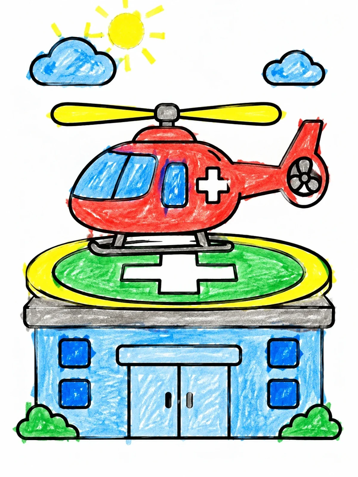 Colored example of the Rescue Helicopter On Hospital Helipad coloring page