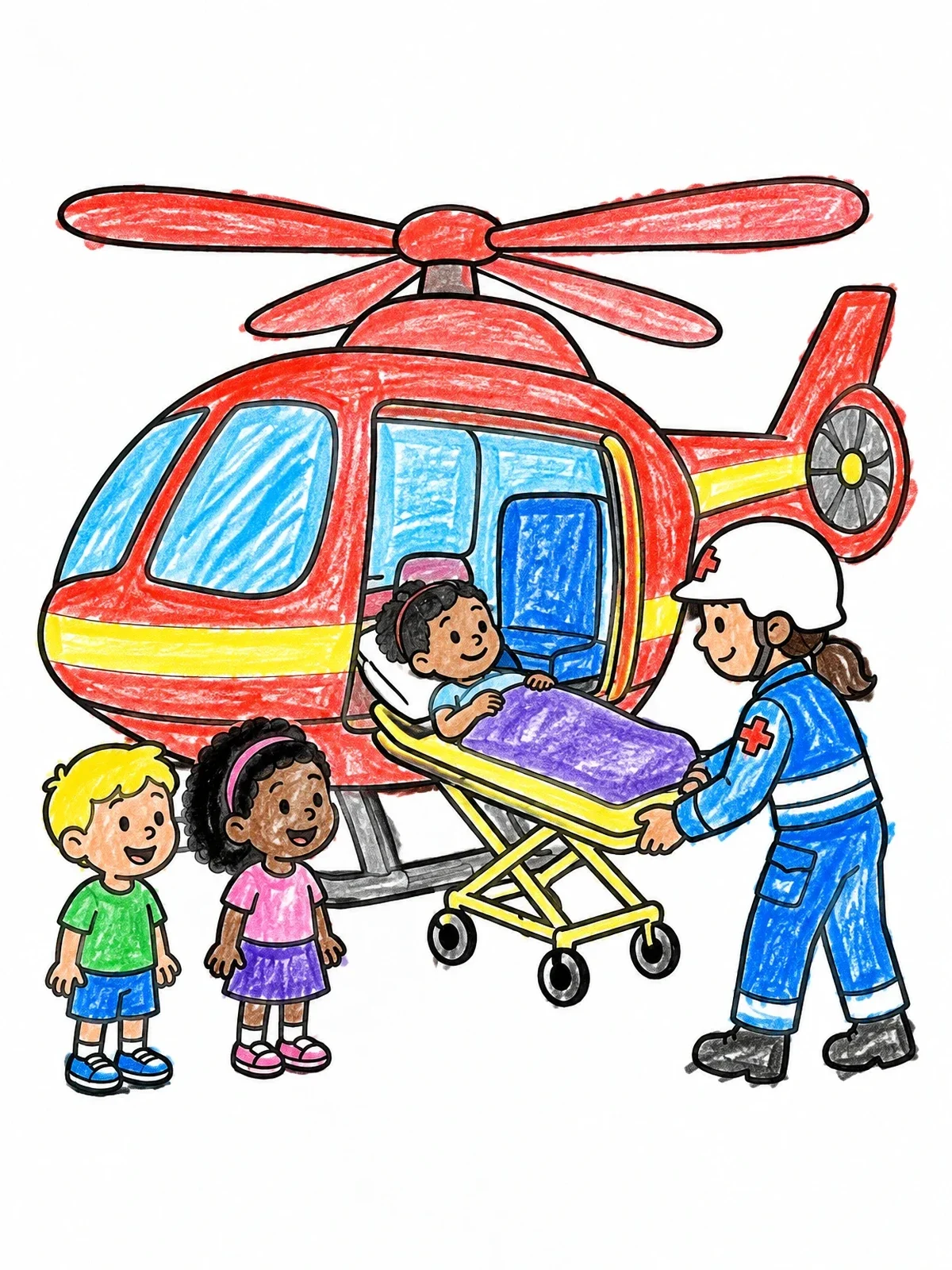Colored example of the Rescue Helicopter And Friendly Paramedic coloring page