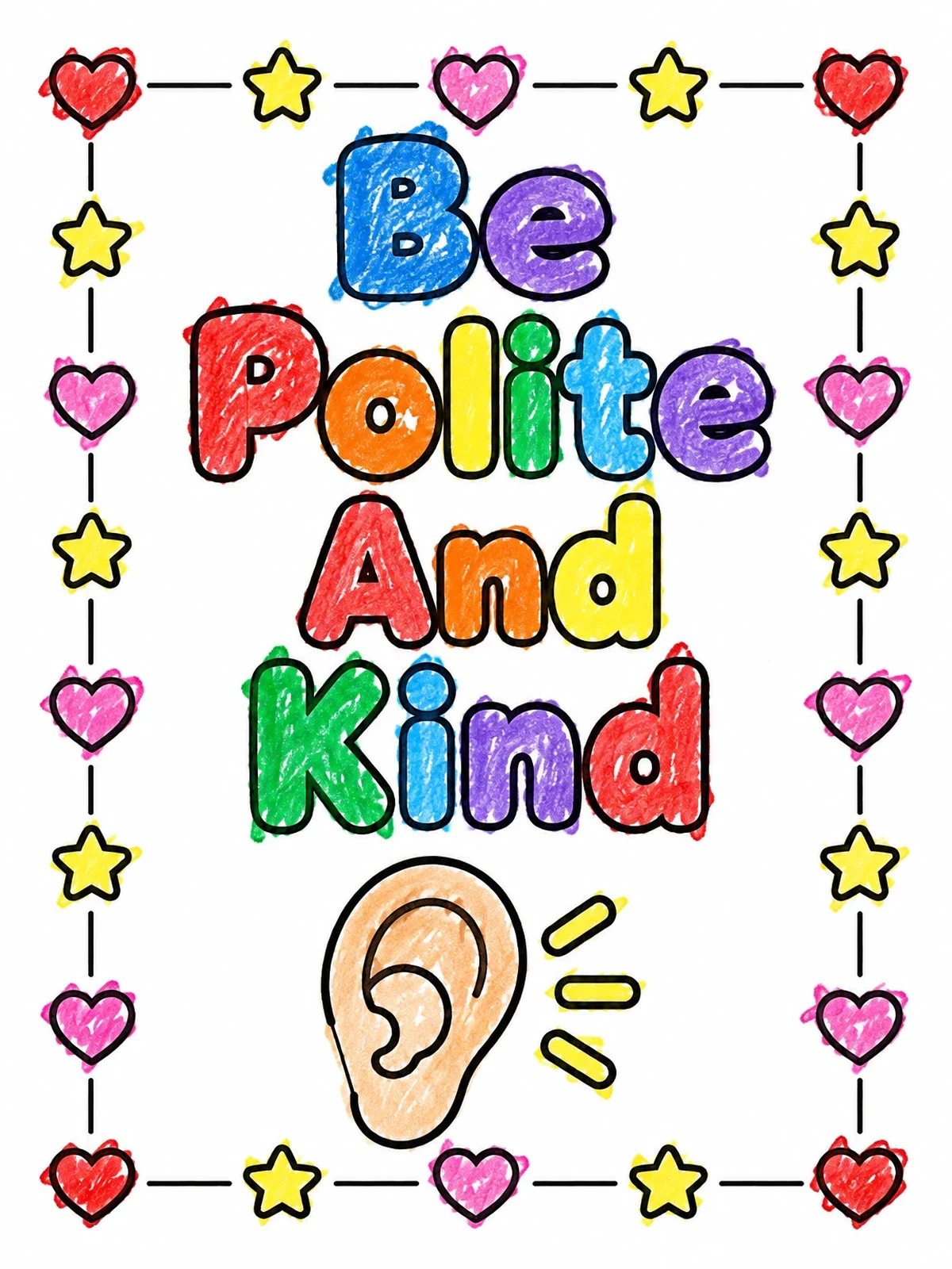 Colored example of the Be Polite And Kind Listening Ear coloring page