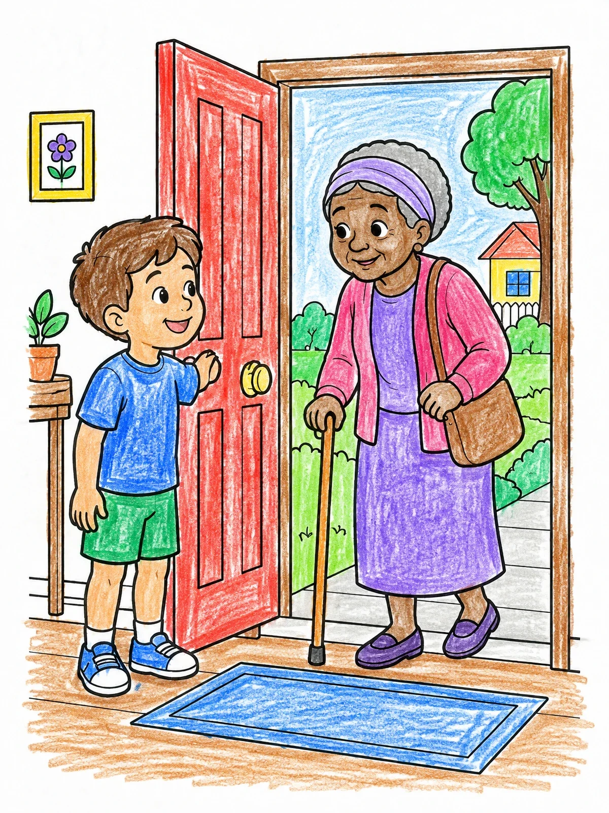 Colored example of the Boy Holding Door For Grandmother coloring page