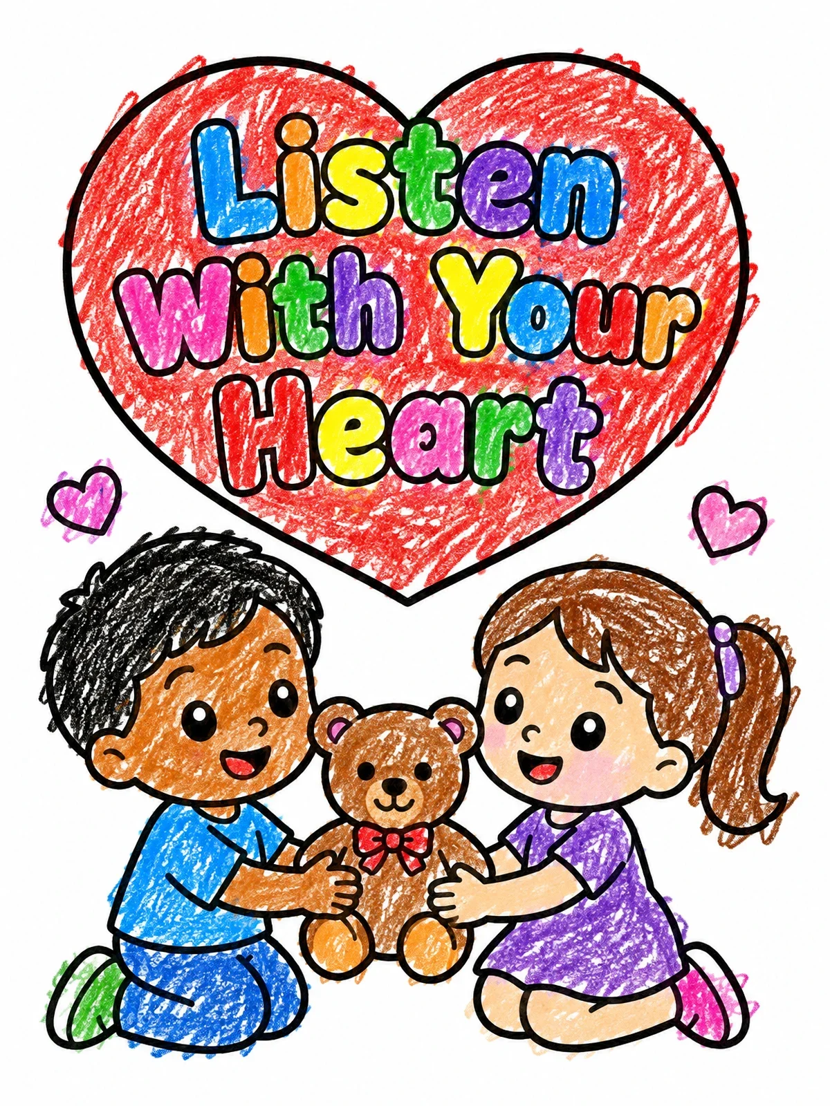 Colored example of the Children Sharing A Teddy Bear coloring page
