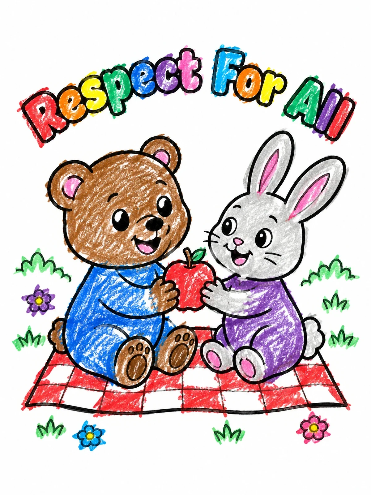 Colored example of the Animal Friends Sharing An Apple coloring page