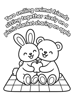 Free printable Animal Friends Sharing An Apple coloring page