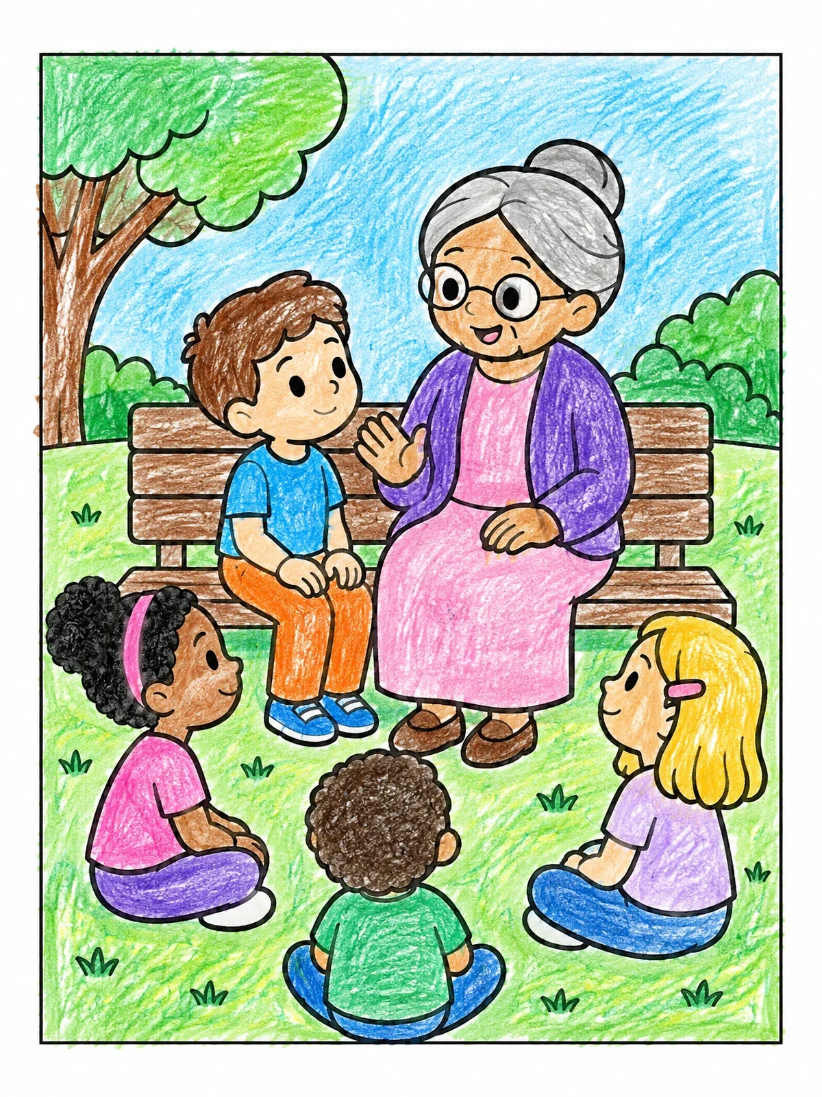 Colored example of the Children Listening Respectfully To Grandmother coloring page