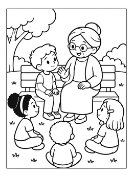 Free printable Children Listening Respectfully To Grandmother coloring page