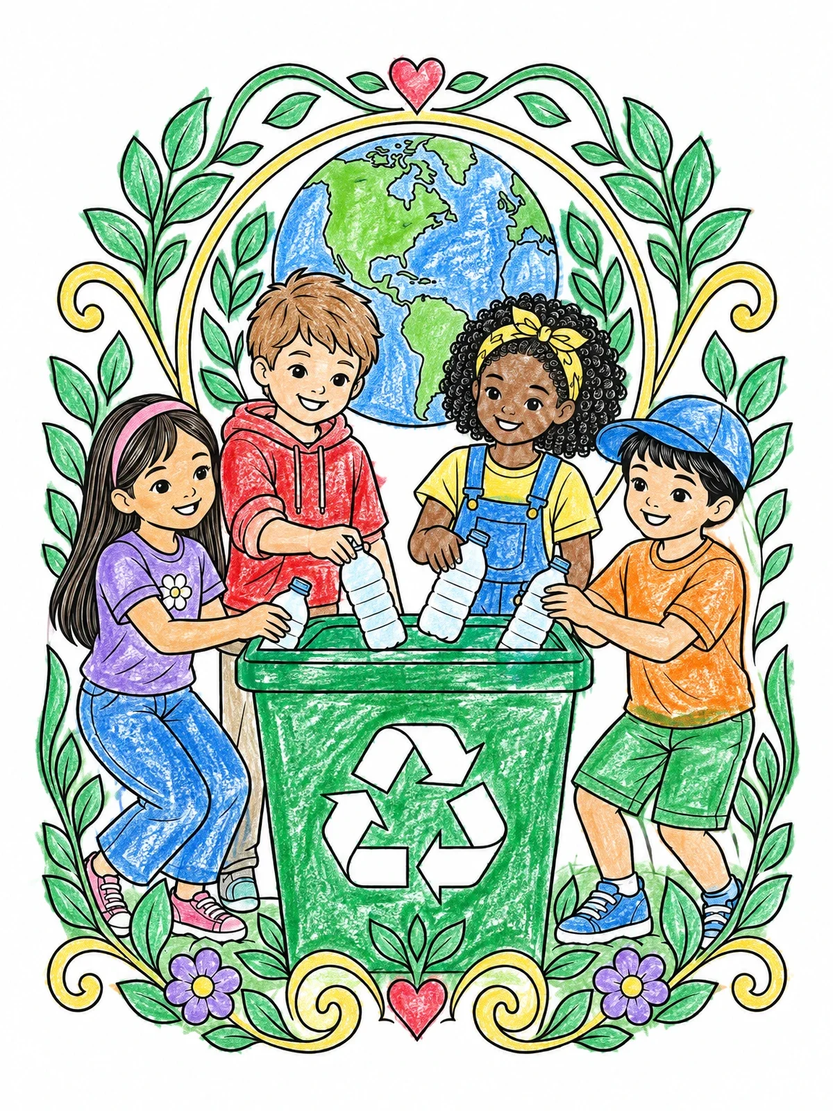 Colored example of the Children Recycling To Care For Earth coloring page